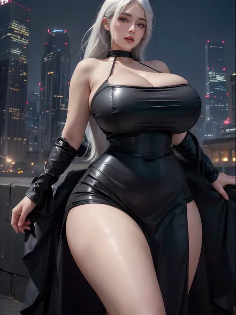 Stunning girl, best quality, ultra high res, (photorealistic:1.4), revealing black business dress, black skirt, black choker, (faded ash white hair:1), (gigantic breasts, large breasts, huge breasts:1.4), looking at viewer, cowboy shot, city background