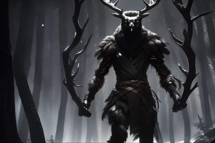 Masterpiece, highres, high Quality, night, dark forest, shadow, dynamic pose, humanoid creature with deer legs, deer head with owl face, skinny and malnourished body covered in feathers, arms and legs wrapped in bands, looking for someone, look lost,