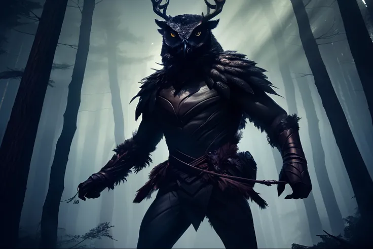 Masterpiece, highres, high Quality, night, dark forest, shadow, dynamic pose, humanoid creature with deer legs, deer head with owl face, skinny and malnourished body covered in feathers, arms and legs wrapped in bands,