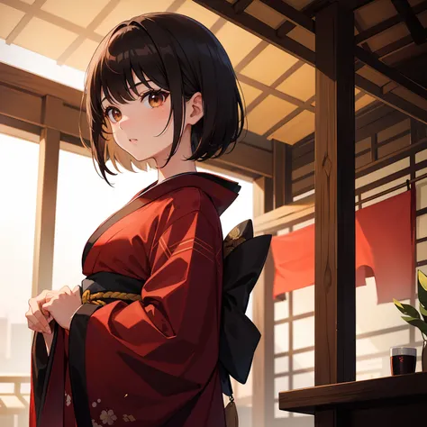 Girl with bangs and short hair, brown eyes and in dark kimono