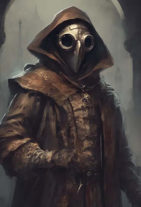 A doctor from the time of the scary plague with medieval clothes and the classic mask of the time with the pointed beak.