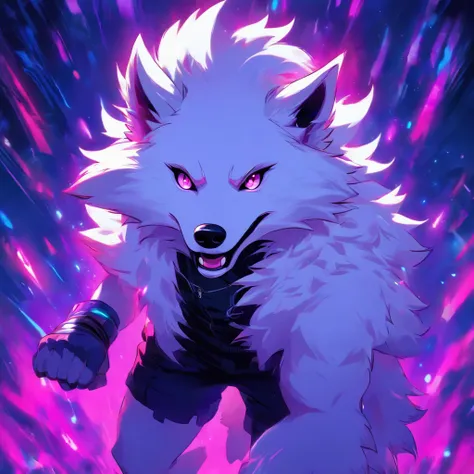 An anthropomorphic furry white wolf, humanoid, cute snout, white fluffy body, white wolf tail, white wolf ears, purple eyes, wearing black shorts, black tank top, black boots