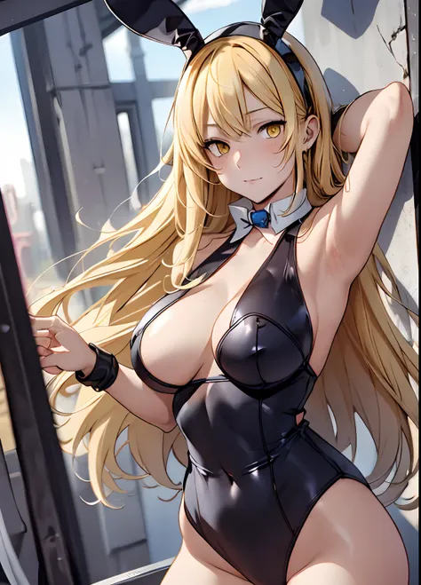 ais, 1girl, solo, blonde hair, long hair, straight hair, yellow eyes, sunny, standing, bunny outfit, playboy bunny, sexy armpits