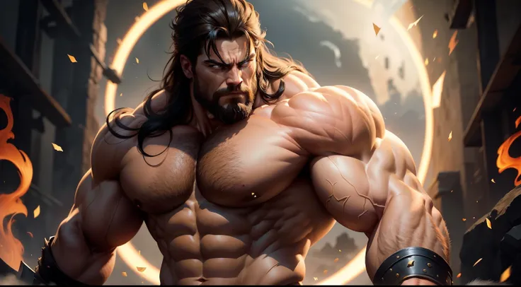 Generate an image that portrays Hercules as a skilled warrior and a fierce fighter. Showcase his superhuman strength and his ability to accomplish seemingly impossible feats