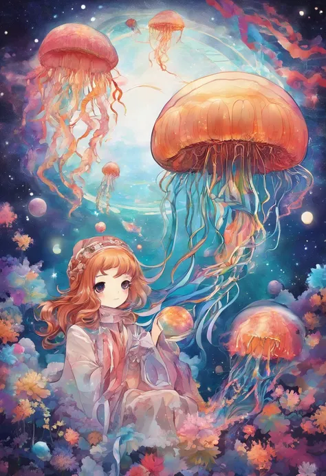 galaxy, foguete, jellyfish, Estrela cadente, arte fofa. Chibi, arte digital. calma aconchegante, mais