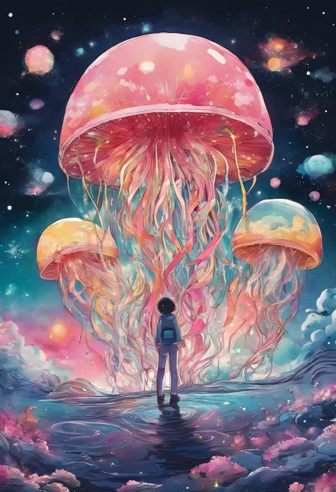 galaxy, foguete, jellyfish, Estrela cadente, arte fofa. Chibi, arte digital. calma aconchegante, mais