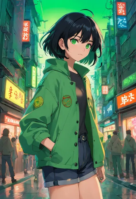 1girl, (masterpiece), black hair, short hair, green eyes, Green coat, black short jeans, cyberpunk city,