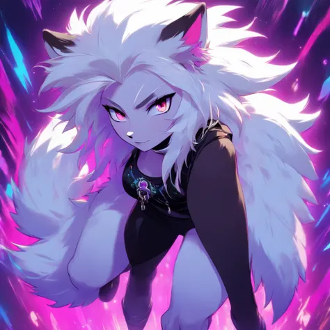 An anthropomorphic furry white female wolf, humanoid, cute snout, long white hair, white fluffy body, white wolf tail, white wolf ears, purple eyes, wearing black shorts, black tank top, black boots