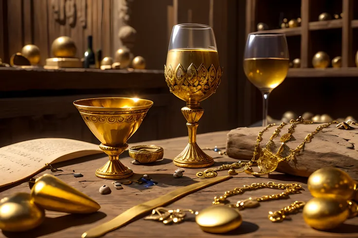 Symbolic treasures and jewels in the ancient African temple, brilho de ouro e rodeado de pratas, with a wine goblet full of gold on the edges