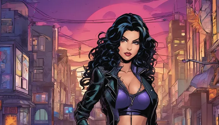 anime style,very beautiful, sexy woman, long curly black hair, dark greenish eyes, wearing a black bodice with strings in the front, black leather tight pants, black leather jacket, with the background of a gloomy city, vigilante heroine, thunder and light...