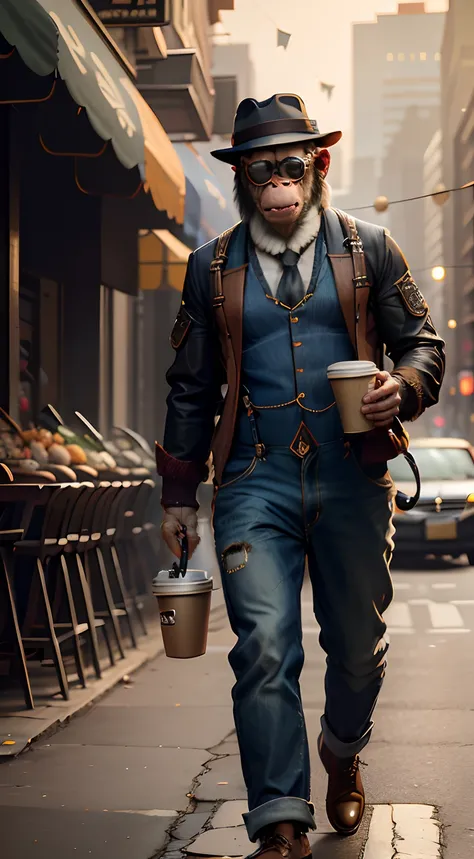 A cute monkey，Wear a jacket，Suspenders，Big scalp shoes，Hat，Wearing sunglasses，Coffee cup in hand，City streets，（depth of fields），（Movie lighting），（light and shadow effect），（Unreal 5），（tmasterpiece），（8k wallpaper），photorealestic，realisticlying