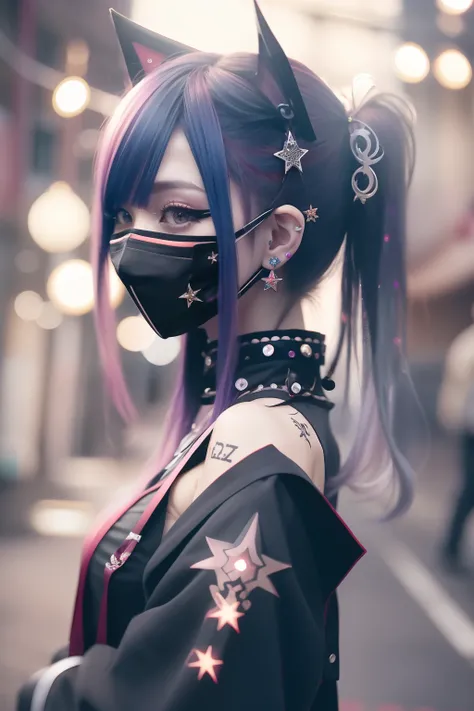 miku hatsune、long、long、masks、Sleeveless、The tattoo、bright red、Really red、Red、Red-haired、rot、red hairs、head phone、🎧、goth_punk, 1girl in, 独奏, medium shot, Walking in Harajuku, ((during night)), bokeh dof, Neon light, Iridescent eyes, starrysky, red glowing h...