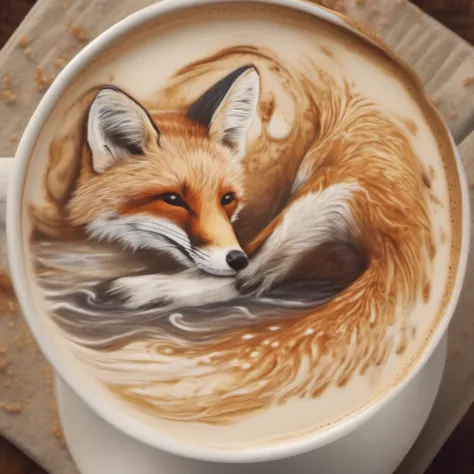 (Cafe Latte: 1.2), (Latte art: 1.6), (Latte art depicts a fox playing in the froth: 1.2), Realistic masterpiece