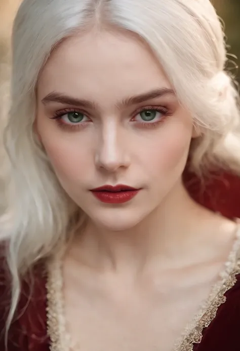 (((a deep reddish wound crosses her left cheek))) fair complexion, woman around 19 years old, natural white hair, distinctive green eyes, wearing kohl, slender and graceful, beautiful, candlelight in a medieval setting, ultra sharp focus, realistic shot, m...