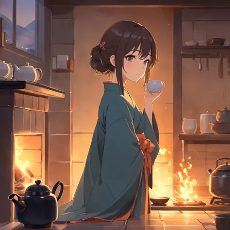 Anime girl in Hanfu standing next to a teapot, Boiling a teapot over a charcoal fire on the stove, Side Body，stove，charcoal fire，teapot，Wear black cloth shoes，author：Qu Leilei, author：Chen Daofu, author：Xia Gui, author：Zou Yigui, by Yang J, author：Qiu Ying...