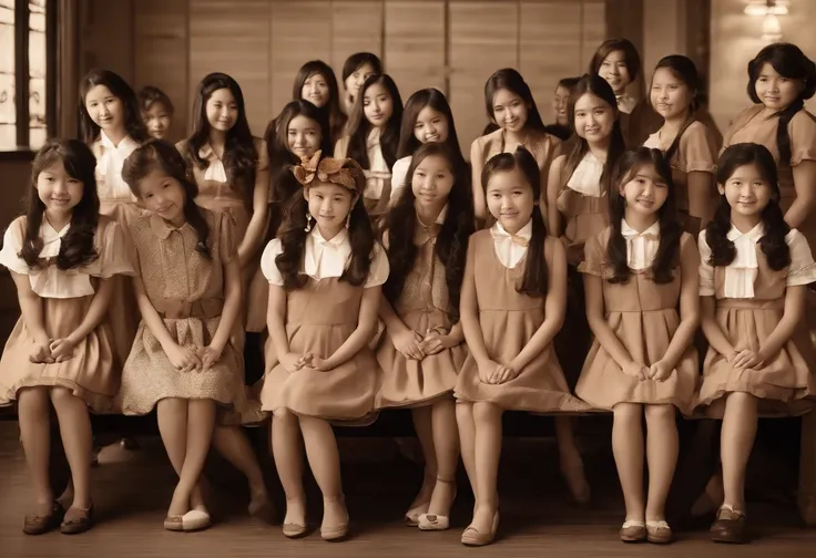 Cute High School Girl　校服　A dark-haired　40 people　in group photograph　sepia