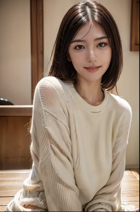 (((photographrealistic))), ((Realistic)), (Best Quality), (masutepiece), (Ultra high definition), Ray tracing, a Japanese female, (super fine face), high-definition cute face, ((sexy sweater)), closed mouth, indecent smile, looking up to viewer, outdoor, m...