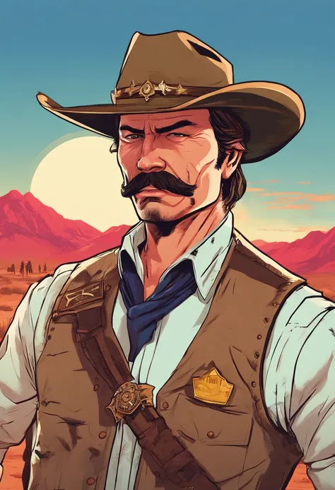 Red Dead Redemption 2 illustration style，Sheriff Curtis Malloy，Wear a Nevada hat,Khaki coat，Blue vest and white shirt,Nothing but a mustache,shaven face,sheriff badge, masterpiece, artwork, key art. HD, sheriff coat