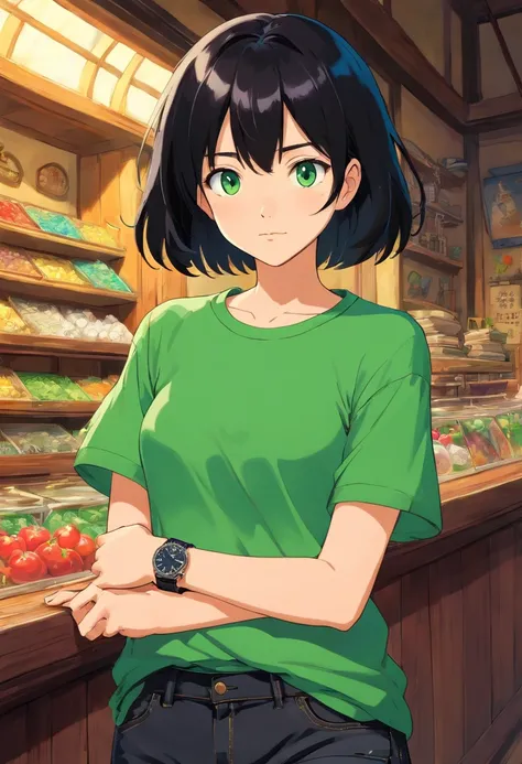 1girl, (masterpiece), black hair, short hair, green eyes, Black t-shirt, black short jeans, Wristwatch