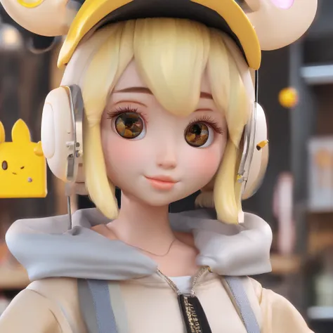 Super Cute Girl IP by Pop Mart, Bright yellow eyes,Milk Tea Hair Color、Two Side Up Bob Hair、Zito-order、Sleepy eyes、Cherub,Yellow outerwear、Black hood、cyberpunked、clay, modeled, blind box toy, Glossy and delicate,clean back ground, Good luster, 3D rendering...