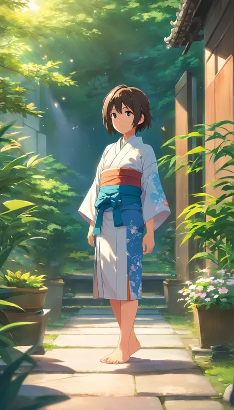 A 6-year-old Japanese girl stands in the garden, in a kimono，Barefoot，full bodyesbian，high high quality, Clear focus (mess - house: 0.8), (tmasterpiece: 1.2) (realisticlying: 1.2) (Bokeh) (best qualityer) (Detailed skins: 1.3) (intricately details) (8K) (e...