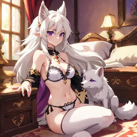 An anthropomorphic furry white female wolf, humanoid, cute snout, long white hair, white fluffy body, white wolf tail, white wolf ears, purple eyes, wearing black lingerie, feet in frame, 5 toes, spreading her legs, full body shot, in a bedroom