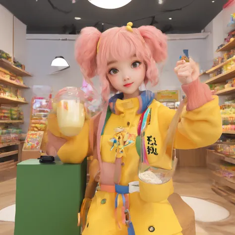 Super Cute Girl IP by Pop Mart, bright yellow eyes,Milk tea hair color、Two-side-up、bobhair、Zito-order、Sleepy eyes、Cherub,Yellow outerwear、Black hood、cyberpunked、clay, modeled,  Glossy and delicate,clean back ground, Good luster, 3D rendering of a,Best Qual...