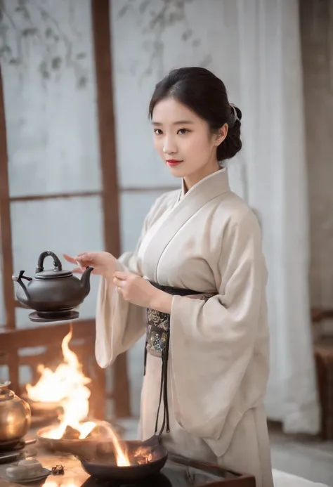 Anime girl in Hanfu standing next to a teapot, Boiling a teapot over a charcoal fire on the stove, Side Body，stove，charcoal fire，teapot，Wear black cloth shoes，author：Qu Leilei, author：Chen Daofu, author：Xia Gui, author：Zou Yigui, by Yang J, author：Qiu Ying...