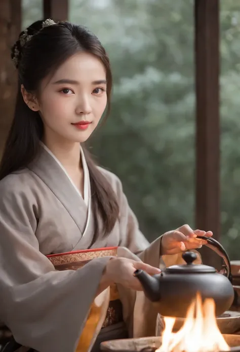 Anime girl in Hanfu standing next to a teapot, Boiling a teapot over a charcoal fire on the stove, Side Body，stove，charcoal fire，teapot，Wear black cloth shoes，author：Qu Leilei, author：Chen Daofu, author：Xia Gui, author：Zou Yigui, by Yang J, author：Qiu Ying...