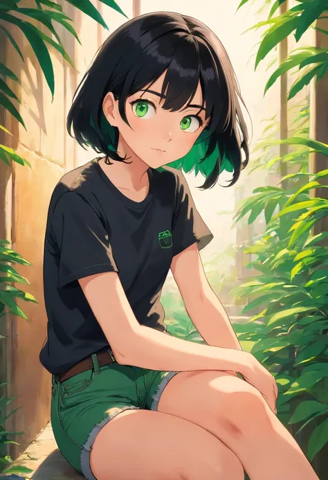 1girl, (masterpiece), black hair, short hair, green eyes, Black t-shirt, black short jeans, smart watch