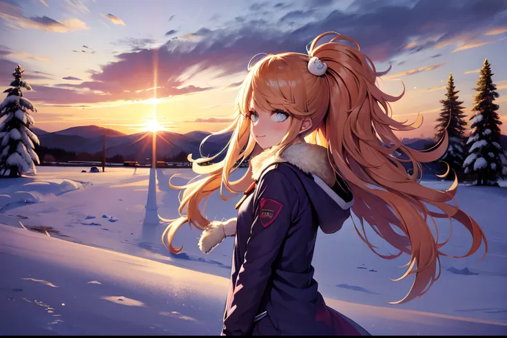 absurdres, highres, best quality, 1girl, snow,comfy, scenery, sunset, clouds, wind,