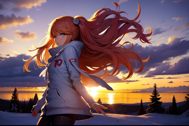 absurdres, highres, best quality, 1girl, snow,comfy, scenery, sunset, clouds, wind,