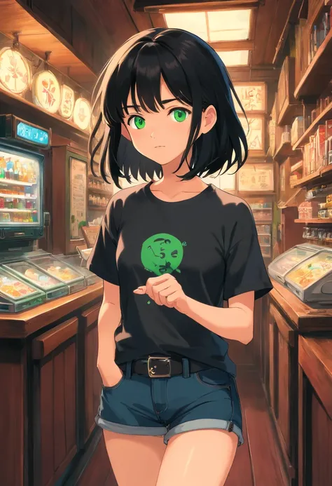 1girl, (masterpiece, best quality:1.2), black hair, short hair, green eyes, Black t-shirt, black short jeans, smart watch,