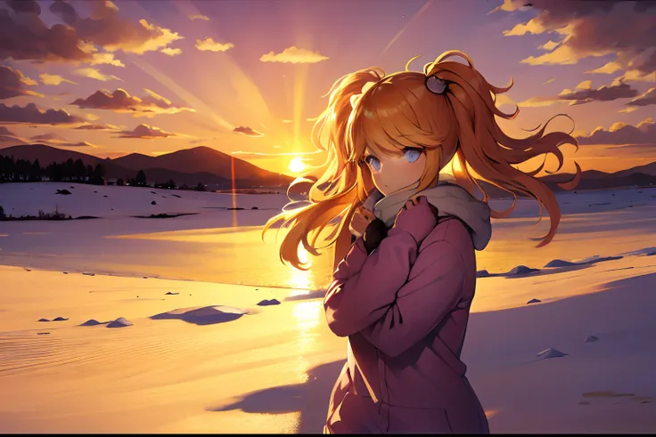 absurdres, highres, best quality, 1girl, snow,comfy, scenery, sunset, clouds, wind,