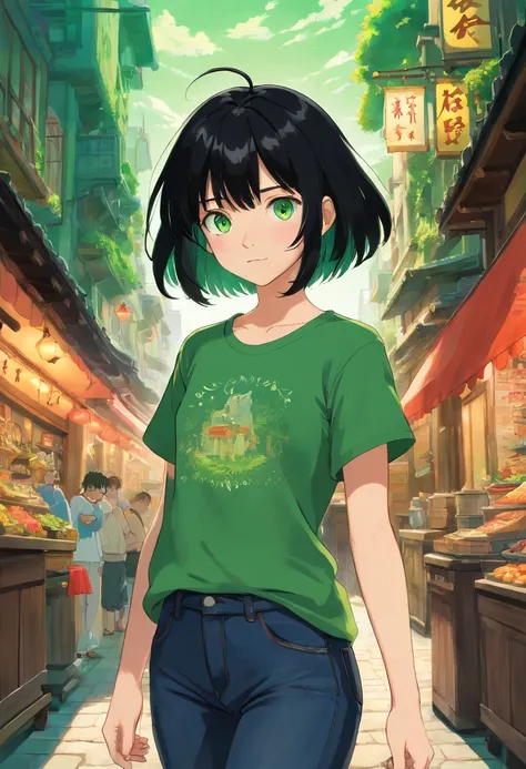 1girl, (masterpiece), black hair, short hair, green eyes, Black t-shirt, black short jeans, ominitrix