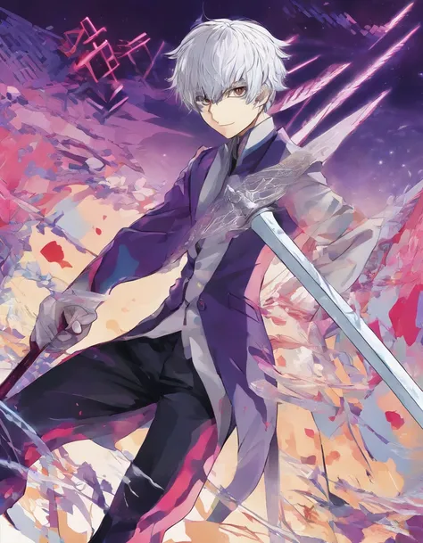 a close up of a person with a sword in a purple background, kaworu nagisa, yoko taro, nagito komaeda, ken kaneki, killua zoldyck, neferpitou, kaneki ken, inspired by Yumihiko Amano, tokyo ghoul, hajime yatate, inspired by Ib Eisner