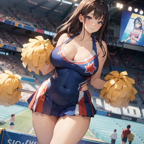 Close-up on chubbi cheerleaders big thicc tits whos dressed with a sexy cleavage, cheerleader with thicc tits, best quality stadium, masterpiece shading, excellent anime illustration,