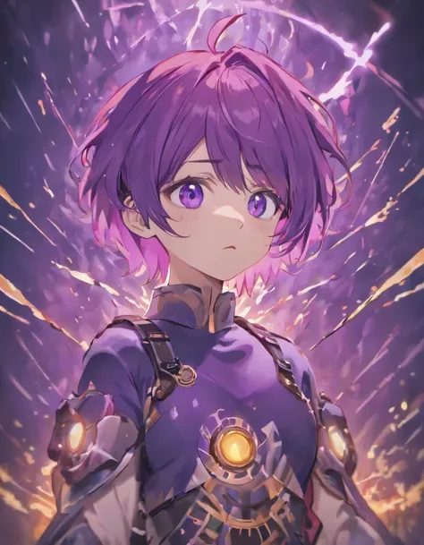 (masterpiece, highlydetailed, purple hair:1.5), (1boy), male, (beautiful face, cute expression), (charming), detailed purple eyes, short hair, bangs, armor, electricity, glowing, glowing eyes, helmet, lightning, male focus