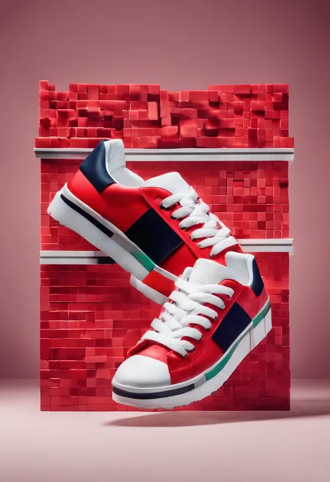 Craft a captivating and creative advertising photograph for white red sneakers that pushes the boundaries of traditional marketing. Showcase the sneakers in a unique and unexpected setting or context that tells a compelling story about the product. Use inn...