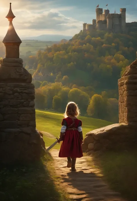 One Little Girl，Walking with a Sword and Shield、Light equipment、Castle in the distance、