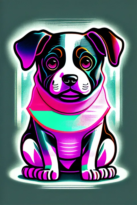 Drawing design of a dog in vector art, colores fuertes, alra definicion, fantasia, en fondo blaco, listo para estampar en camiseta, sin bordes. silueta completa.