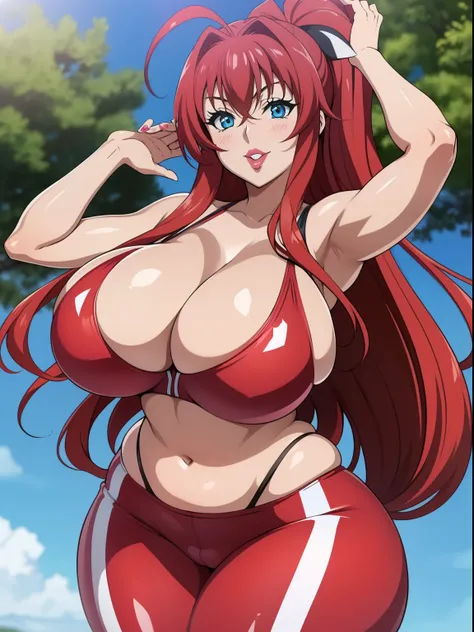 Highschool dxd, Rias Gremory, 1girl, (((bimbo))), blue eyes, puffy lips, painted lips, thick lips, wide hips, thick thighs, big breast, huge ass, revealing cleavage, erotic, smile face, bubble butt, camel toe, hitomi Tanaka breasts, , huge breasts, yoga pa...