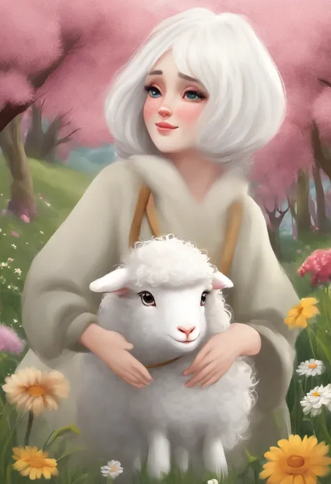 sheeps，adolable，shaggy，Cartoony，In the meadow，There are flowers，White hair。