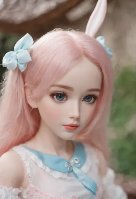 Close-up of a young girl sitting on the floor，Super realistic sweet bunny girl，very beautiful cute catgirl，cute kawaii girls，pink two-tailed hair and cyan eyes，belle delphine，Perfect robot girl family，Anime girl role play，lifting up skirt，Leakage of genita...