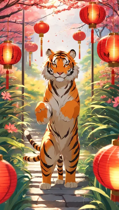 New Year Tiger, Lunar New Year, spring flowers, Red lanterns, fundo vermelho, Extremely high quality, Full-HD, Close-up, 2023, ..。.3D