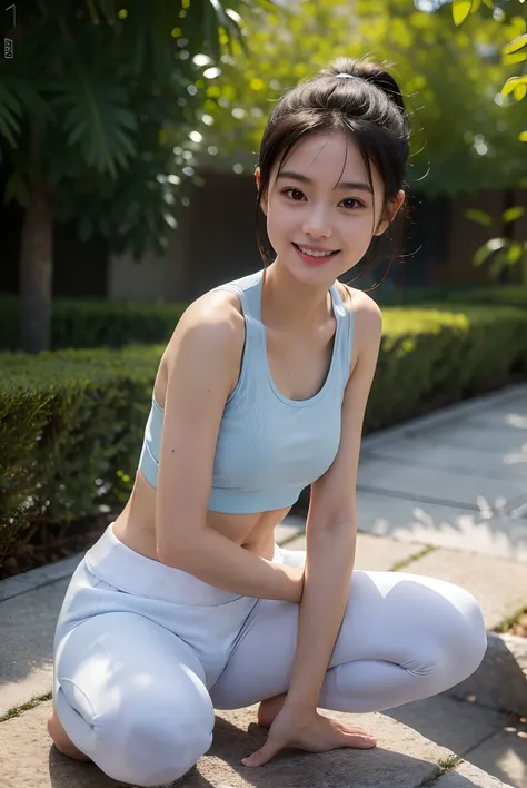 A girl, kneeling on the garden ground earth, ((full body visible)), 
She is a beautiful, pretty, adorable, cute, young, teen.
She is slim, slender, petite, skinny, (flat chest), (tiny boobs), (small breasts).
She is sweating, wet, soaked. Clothes transpare...