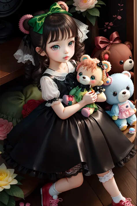 Double ponytail yellow curls，Green eyes round eyes，Q version two-headed body，Cute loli quadratic，Lolita dress cute，Lace，Small leather shoes，Exquisite painting style，Little bear doll，Little girl holding a doll