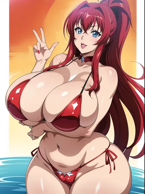 Highschool dxd, Rias Gremory, 1girl, (((bimbo))), blue eyes, puffy lips, painted lips, thick lips, wide hips, thick thighs, big breast, huge ass, revealing cleavage, erotic, smile face, bubble butt, camel toe, hitomi Tanaka breasts, , huge breasts, bikini,...