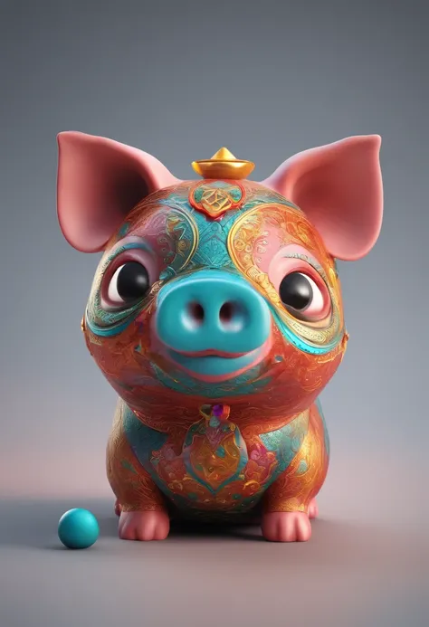 A very cute cartoon Chinese pig logo image，largeeyes,There is not much detail geometry.blindbox,C4DCtane rendering.character in bright colors，Colorful back with a head