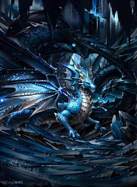 there is a large dragon standing in the middle of the cave, frost dragon, crystal dragon, sliver ice color reflected armor, blue...